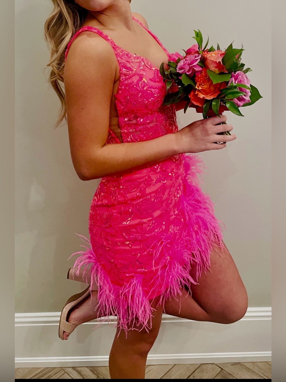 Fuchsia Sequin Feather Trim Mini Dress